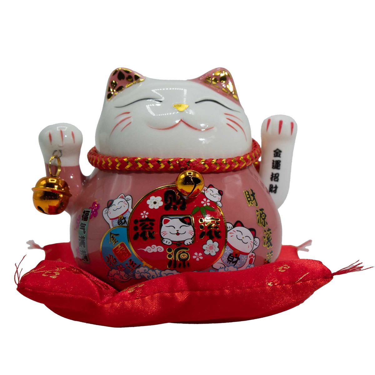 Gato da sorte em cerâmica com a pata em movimento - Rosa sobre almofada (pilhas não incluídas)