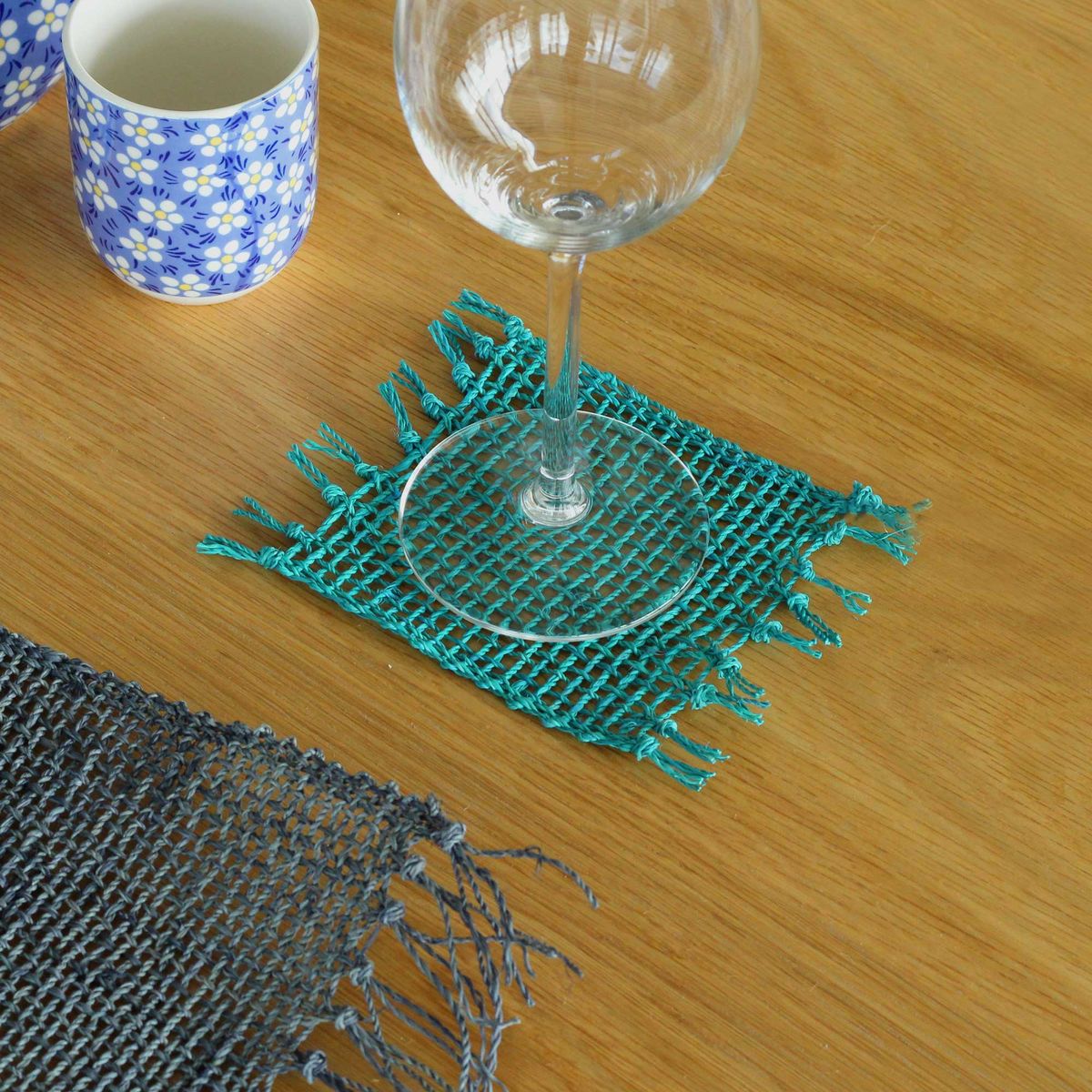 Conjunto de 4 bases para copos com franjas - Turquesa
