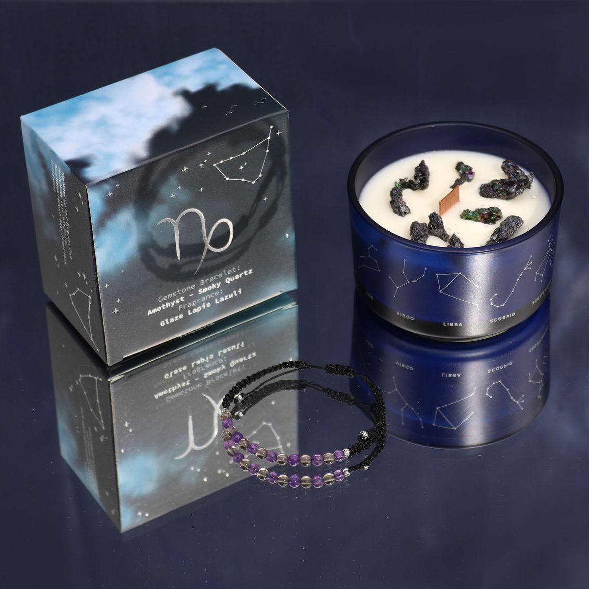Vela de Cristal do Zodíaco com Pulseira de Pedras Preciosas - Capricórnio
