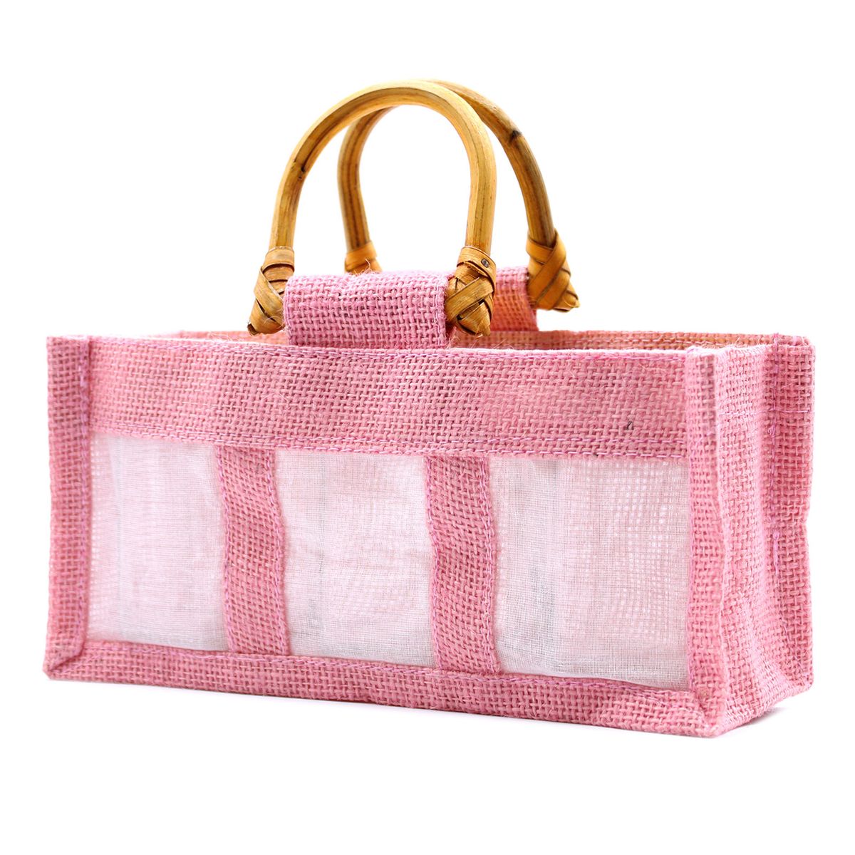 Saco de presente de juta pura e algodão com janela - 3 janelas em rosa
