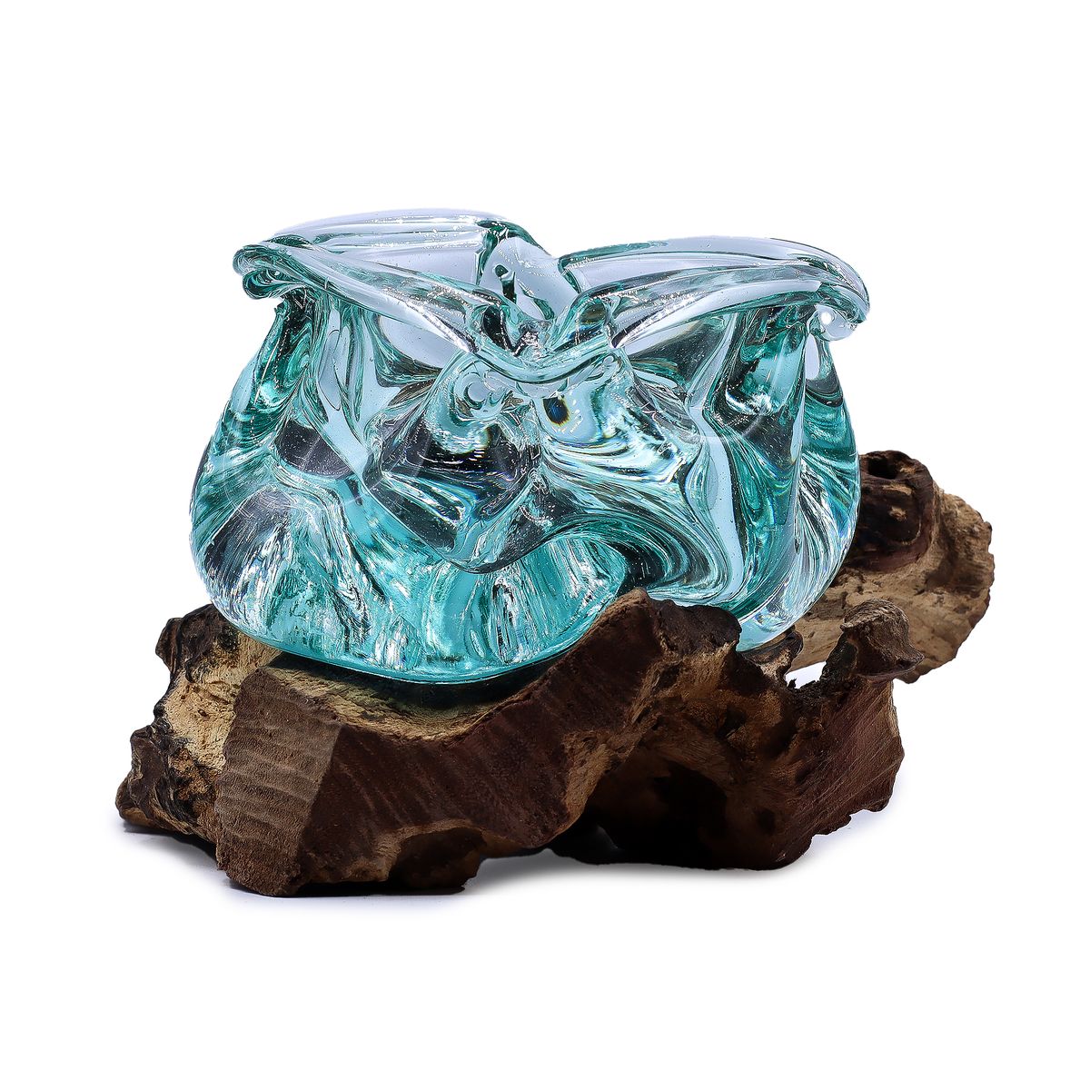 Cinzeiro grosso de vidro fundido / Castiçal em madeira 23 cm