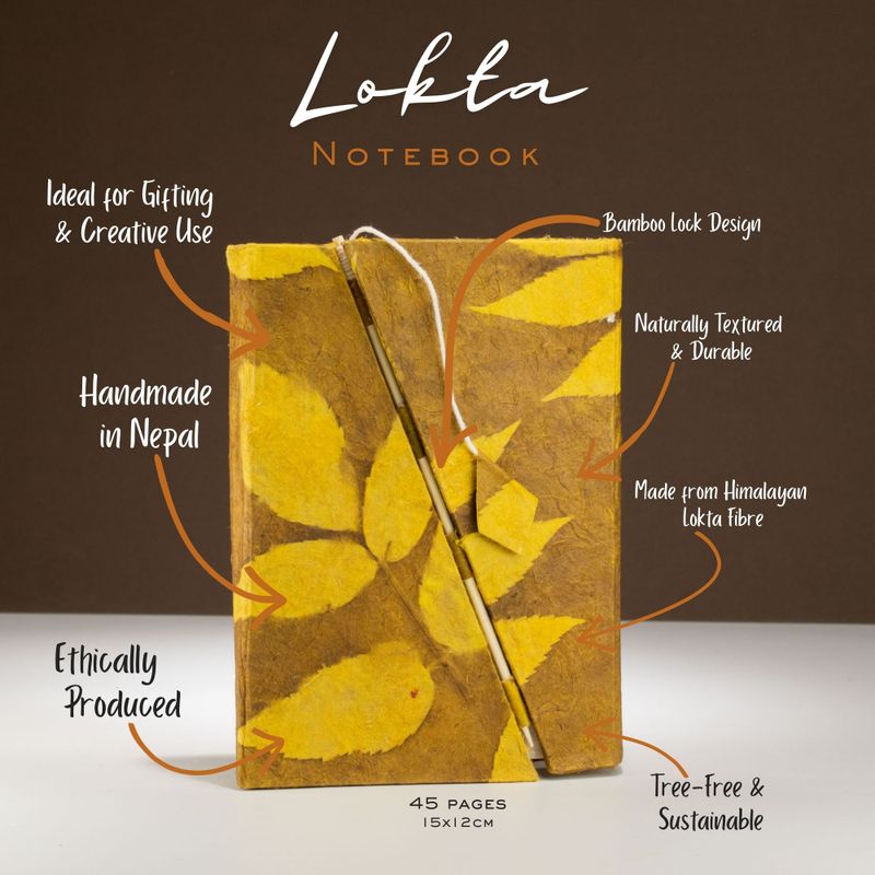Med Lokta Bold Floral Bamboo Lock Notebook (15x12cm) - 45 leafs - Mustard Brown