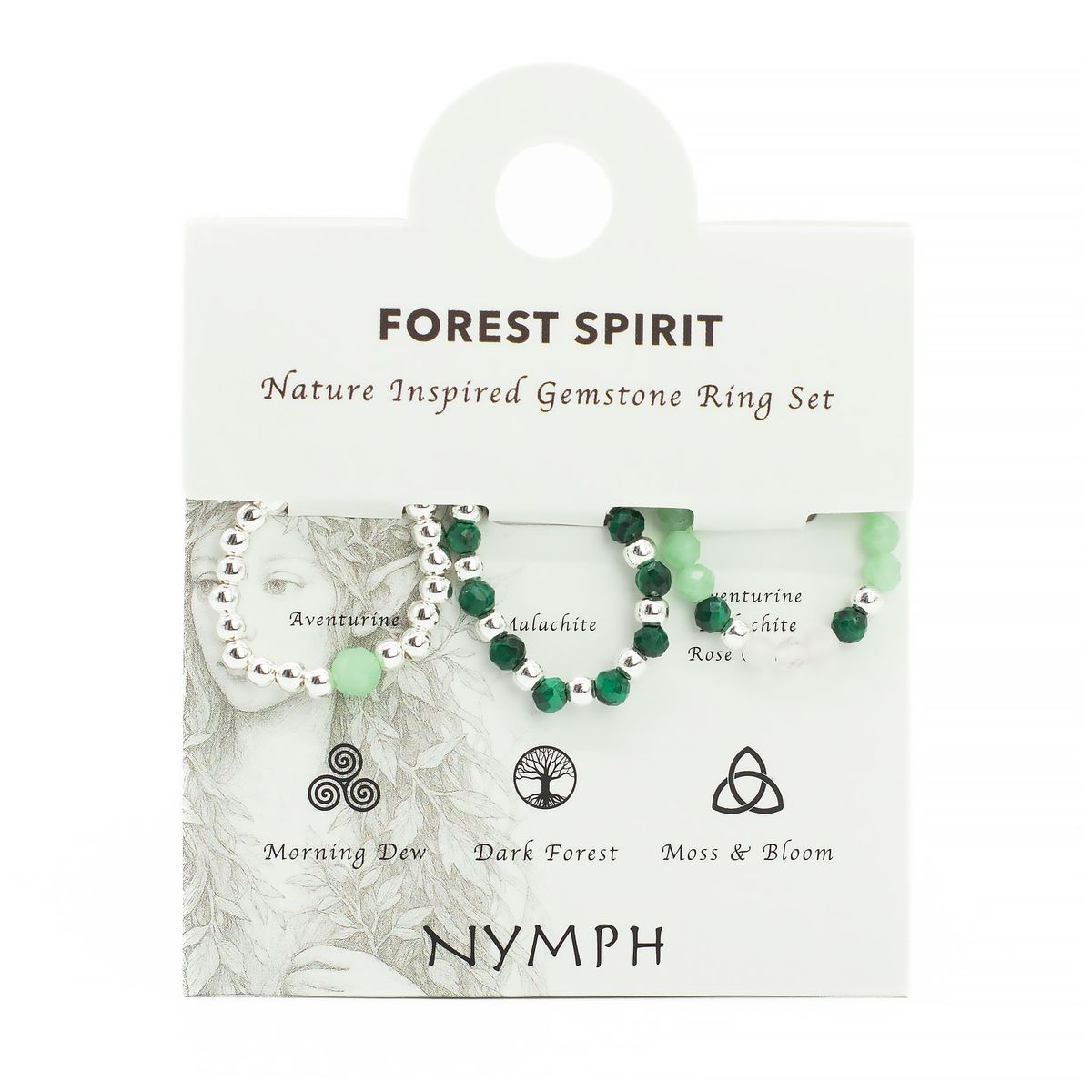 Conjunto de anéis com gema do espírito da ninfa - Espírito da Floresta