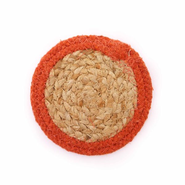 Base para copos natural - Juta e Algodão 10cm (conjunto de 4) - Laranja