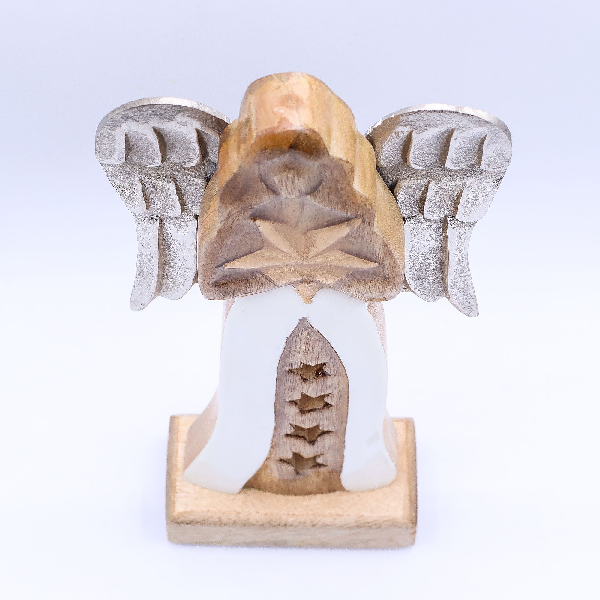 Anjo Estrela Grande de Madeira de Manga Asas de Metal e Detalhe em Esmalte – 30 cm