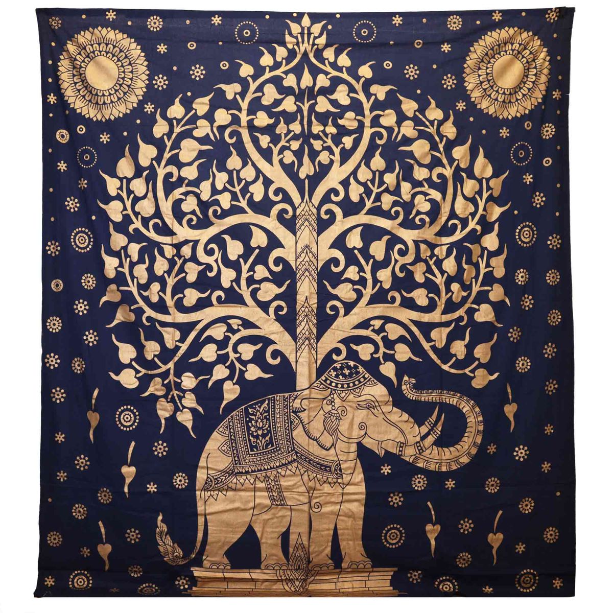 Colcha Dupla de Algodão + Pendente de Parede - Elefante e Árvore - Azul Dourado