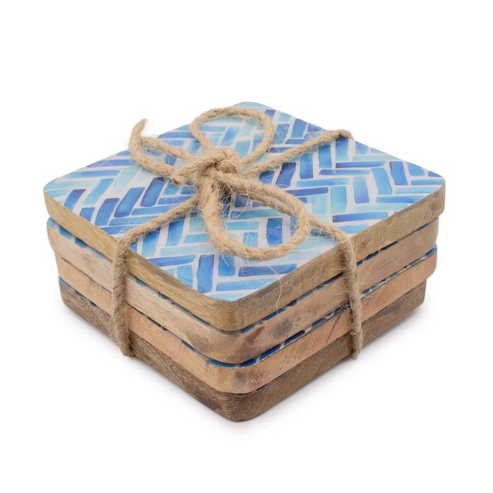 Set of 4 Square Coasters - Blue Stripes