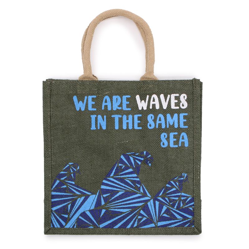 Принтирана джутова чанта - We are Waves - Сив, син и естествен
