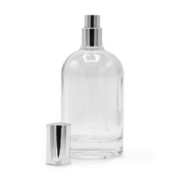 Flacon rond épais de 100 ml, vaporisateur et bouchon argentés