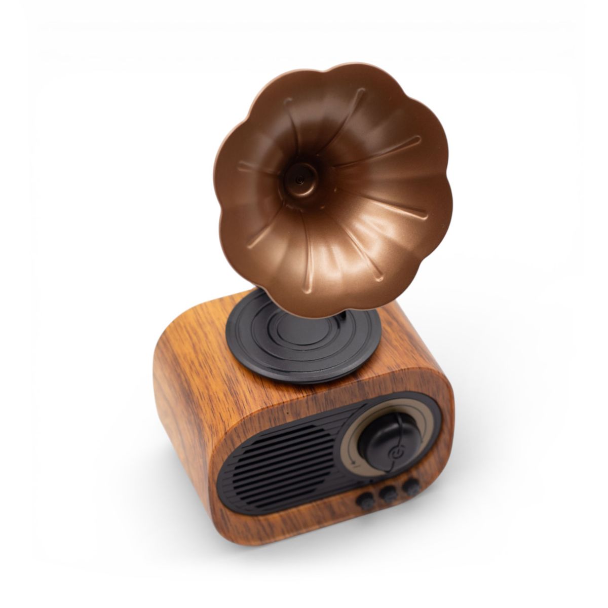 Mini altifalante retro com gramofone - Bluetooth e rádio FM - 5 watts x 1