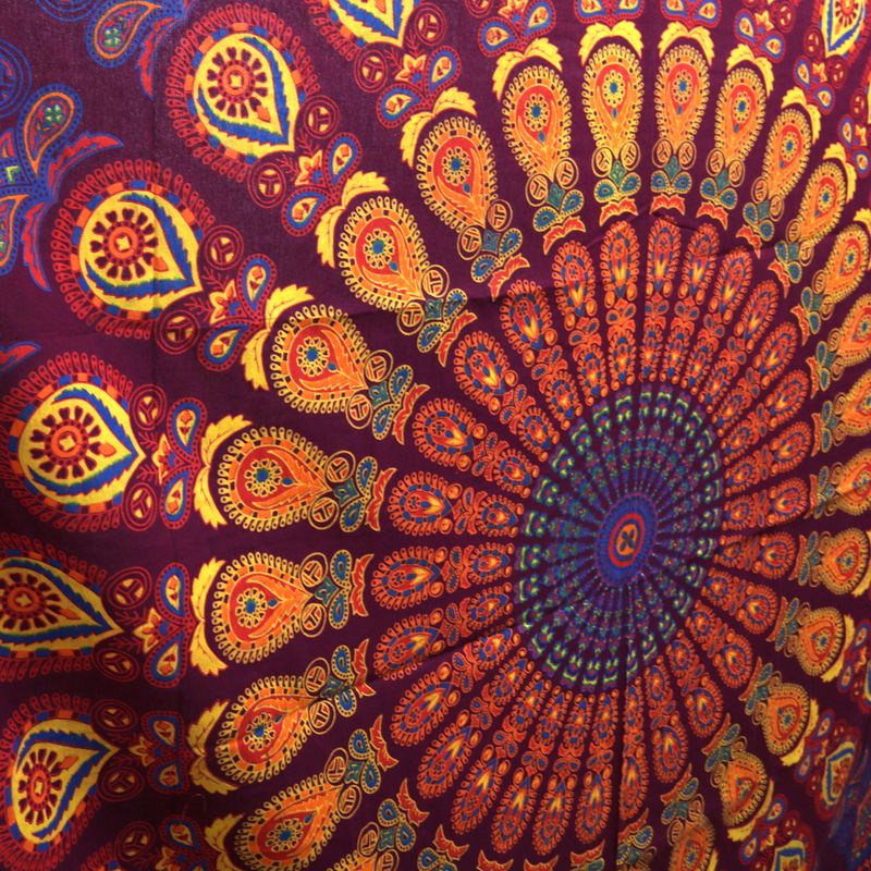 Couvre-lit en coton double + tenture murale - Mandala Paon - Marron