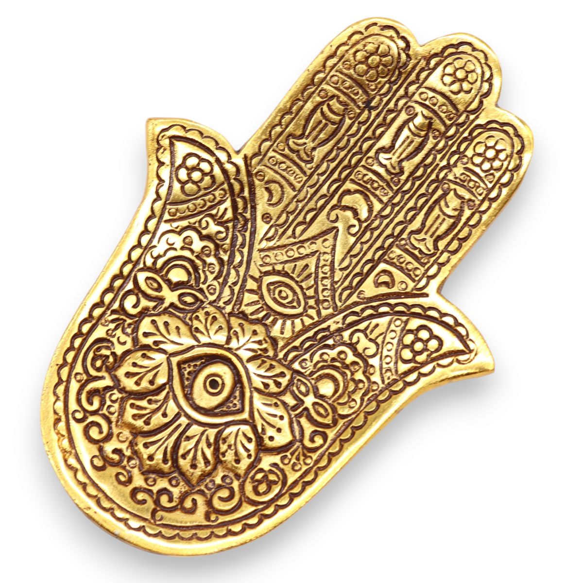 Porta-incenso Hamsa Pequeno em Alumínio Dourado 13x5,5 cm