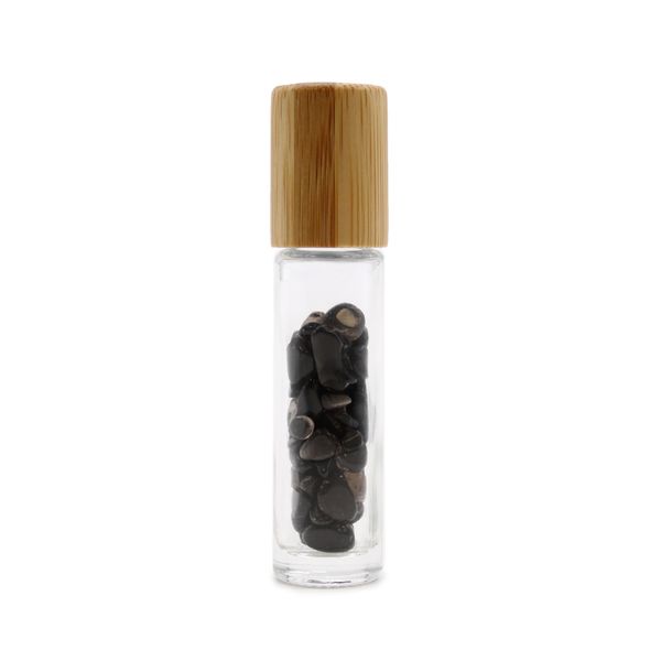 Bouteille Roll-On d'Huile Essentielle avec Gemme - Tourmaline Noire - Bouchon en Bois