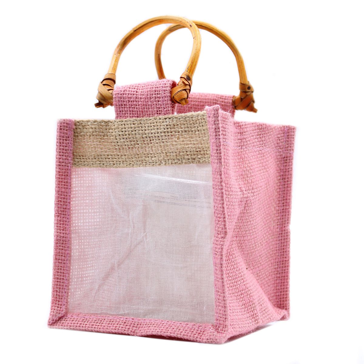 Saco de presente de juta pura e algodão com janela - 1 janela em rosa