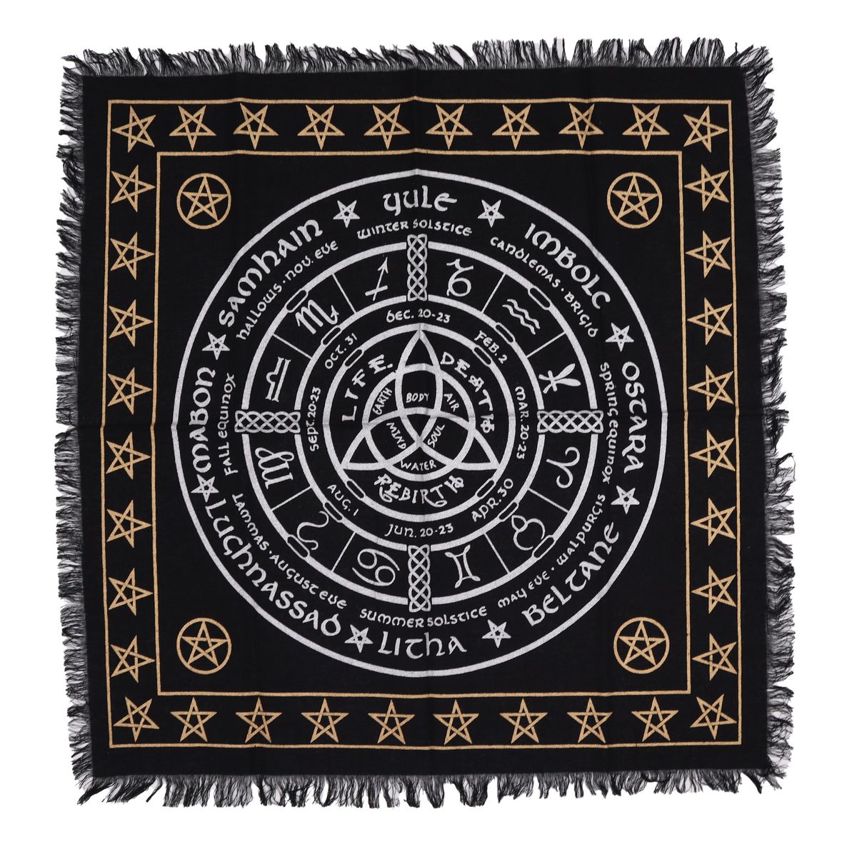 Toalha de altar esotérica com franjas - Vida, Morte, Renascimento