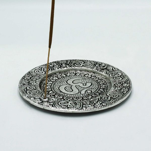 Porte-encens rond Om en aluminium poli 11 cm
