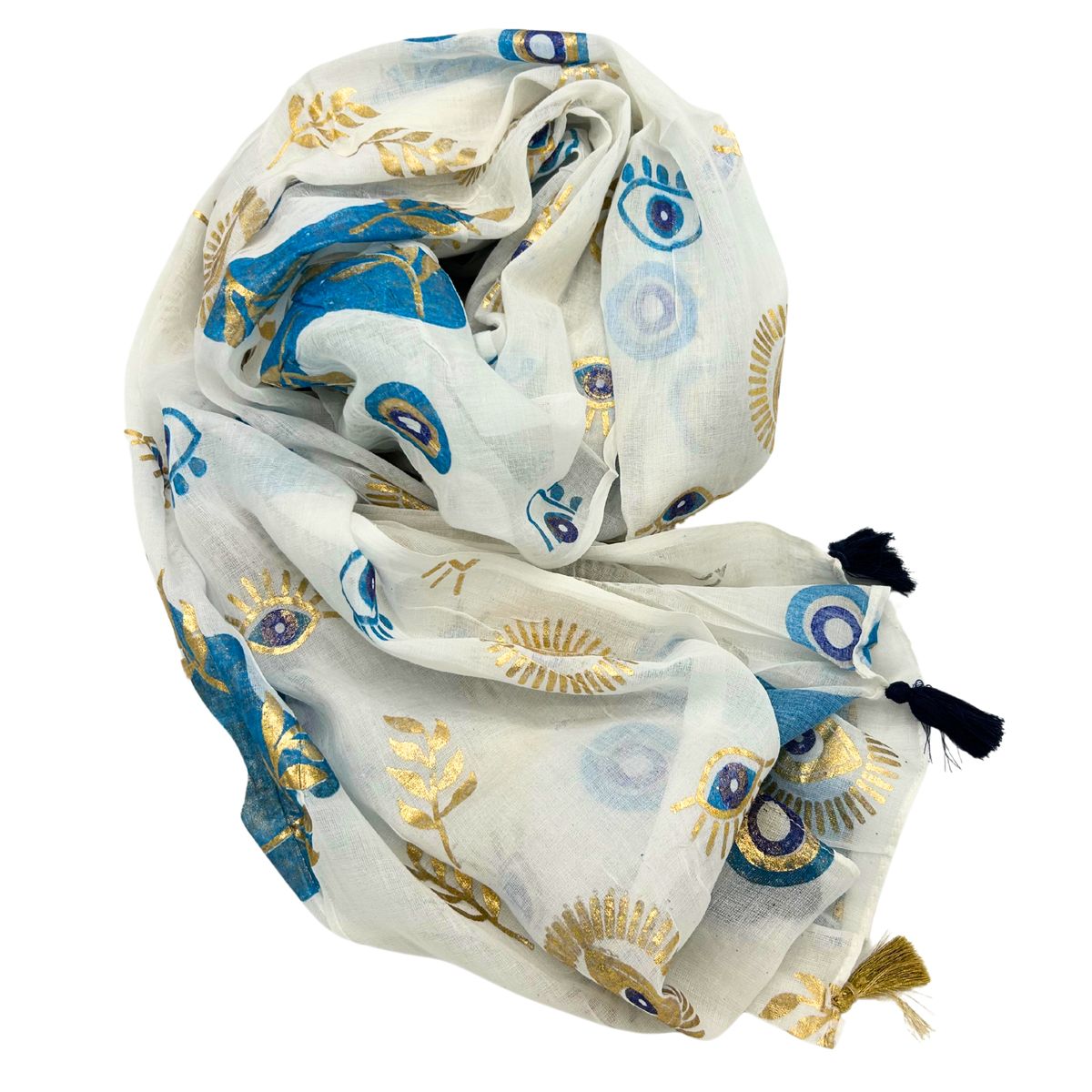 Coleção Nómada Sari Mediterrâneo - Pareo - Desenho do Olho Maligno em Branco, Azul e Dourado