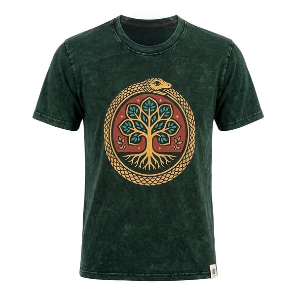 Nomad Sari Camiseta de algodón lavado a piedra - Árbol de la Vida - Verde - Mediano