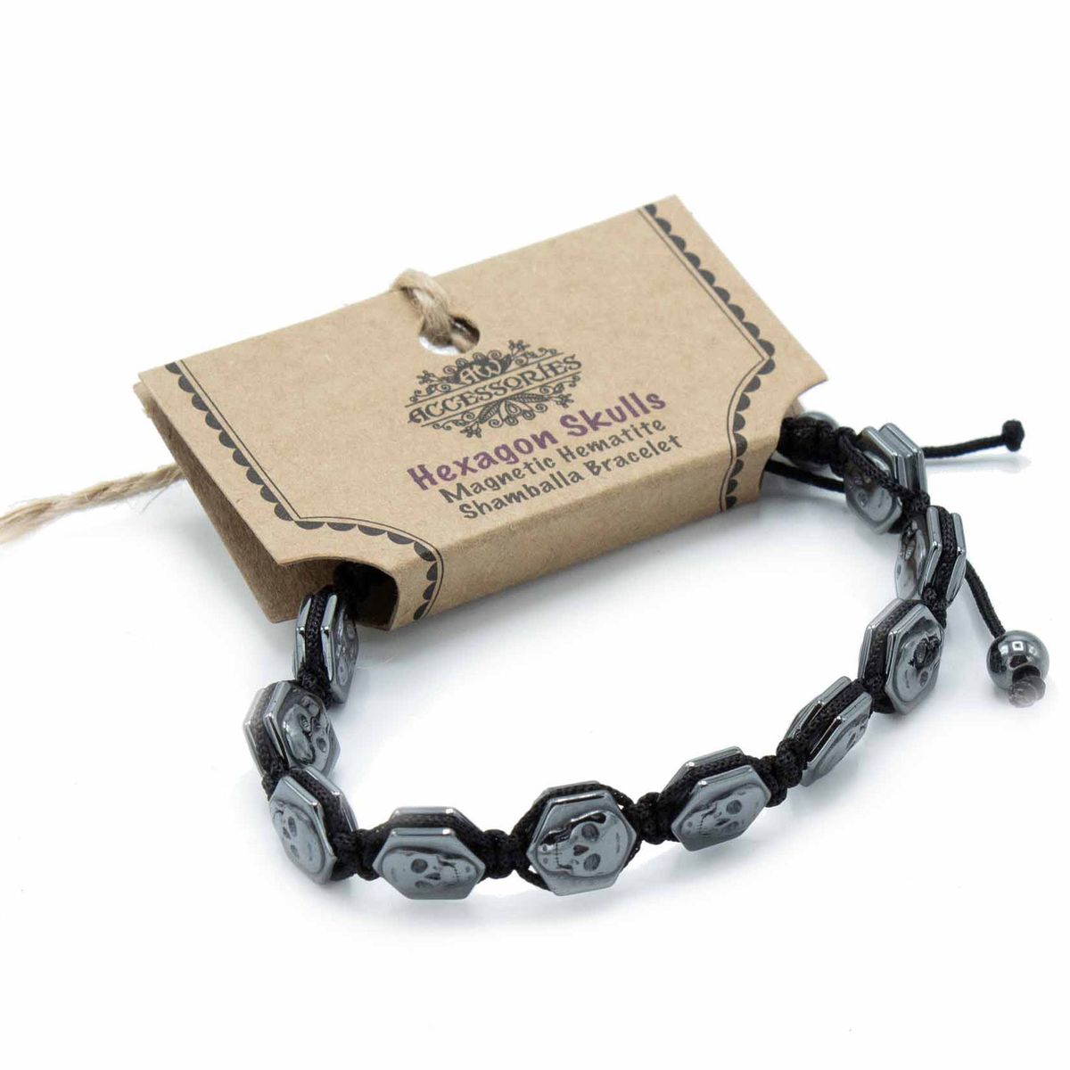 Pulseira Magnética Shamballa de Hematite  -  Caveiras Hexagonais