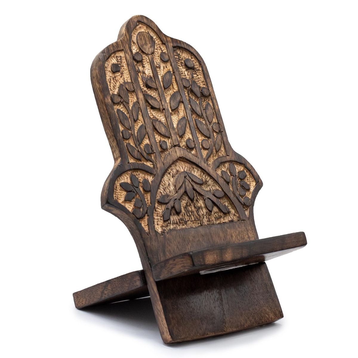 Suportes para telemóvel em madeira entalhada - Hamsa 20x9,5 cm