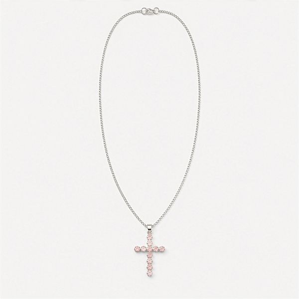Colgante devocional de la India - Chapado en plata (cadena de 45 cm) - Crucifijo de cuarzo rosa