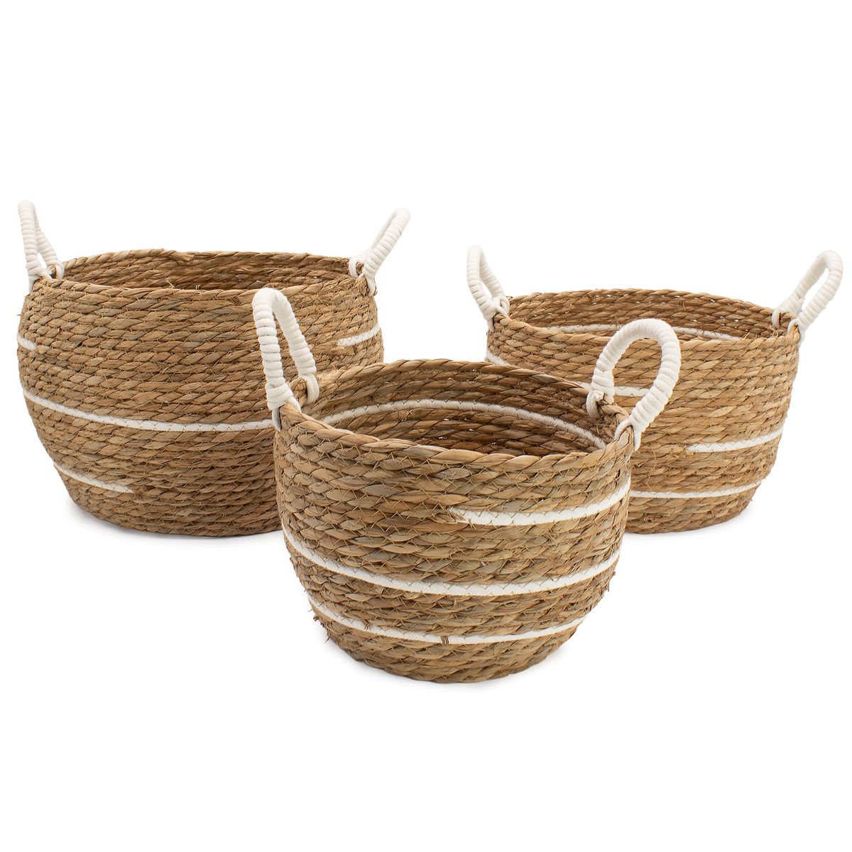 Cestos grandes de algodão e palha marinha – Riscas naturais – Conjunto de 3