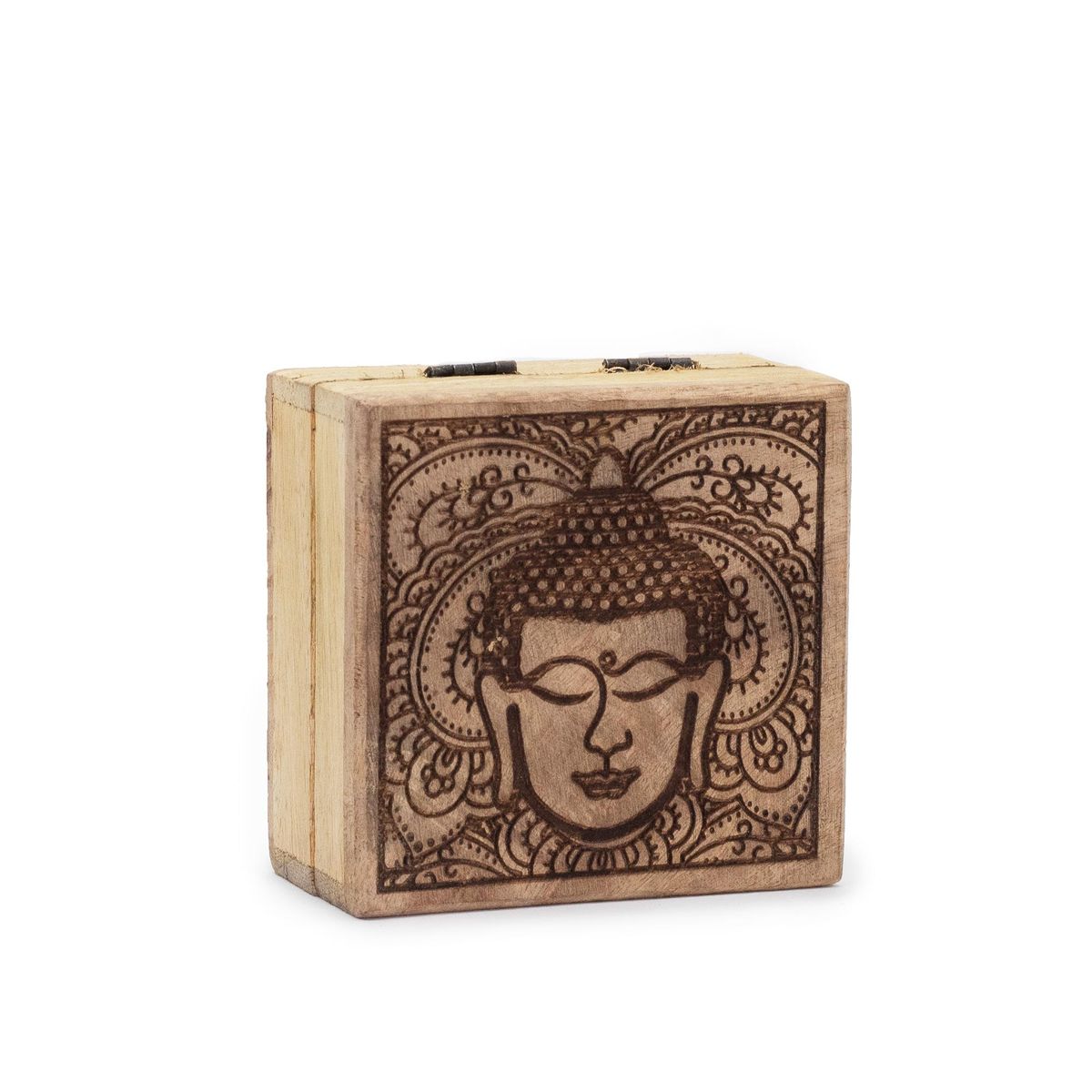 Caixa quadrada pequena 10x10x4,2 cm - Rosto de Buda gravado em preto