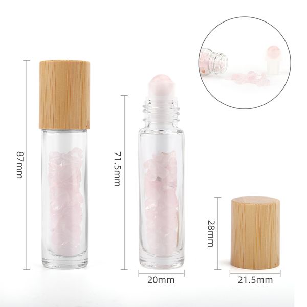 Gemstone Essential Oil Roller Bottle - Rose Quartz  - Wooden Cap + Gemstone Roller Tip for 5ml Bottle - Rose Quartz