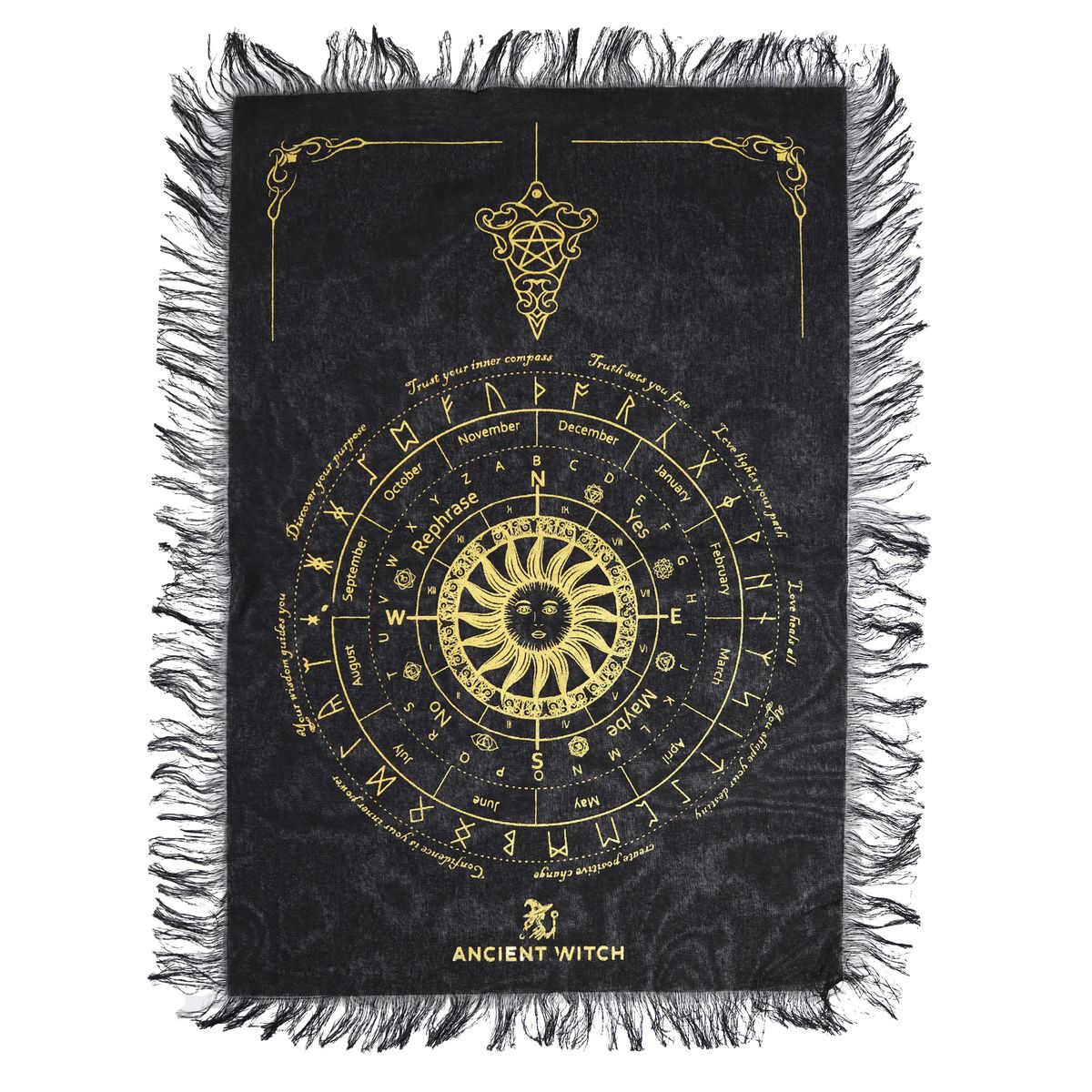 Tecido de adivinhação com pêndulo de bruxa antiga - Rosto do Sol - Preto e dourado