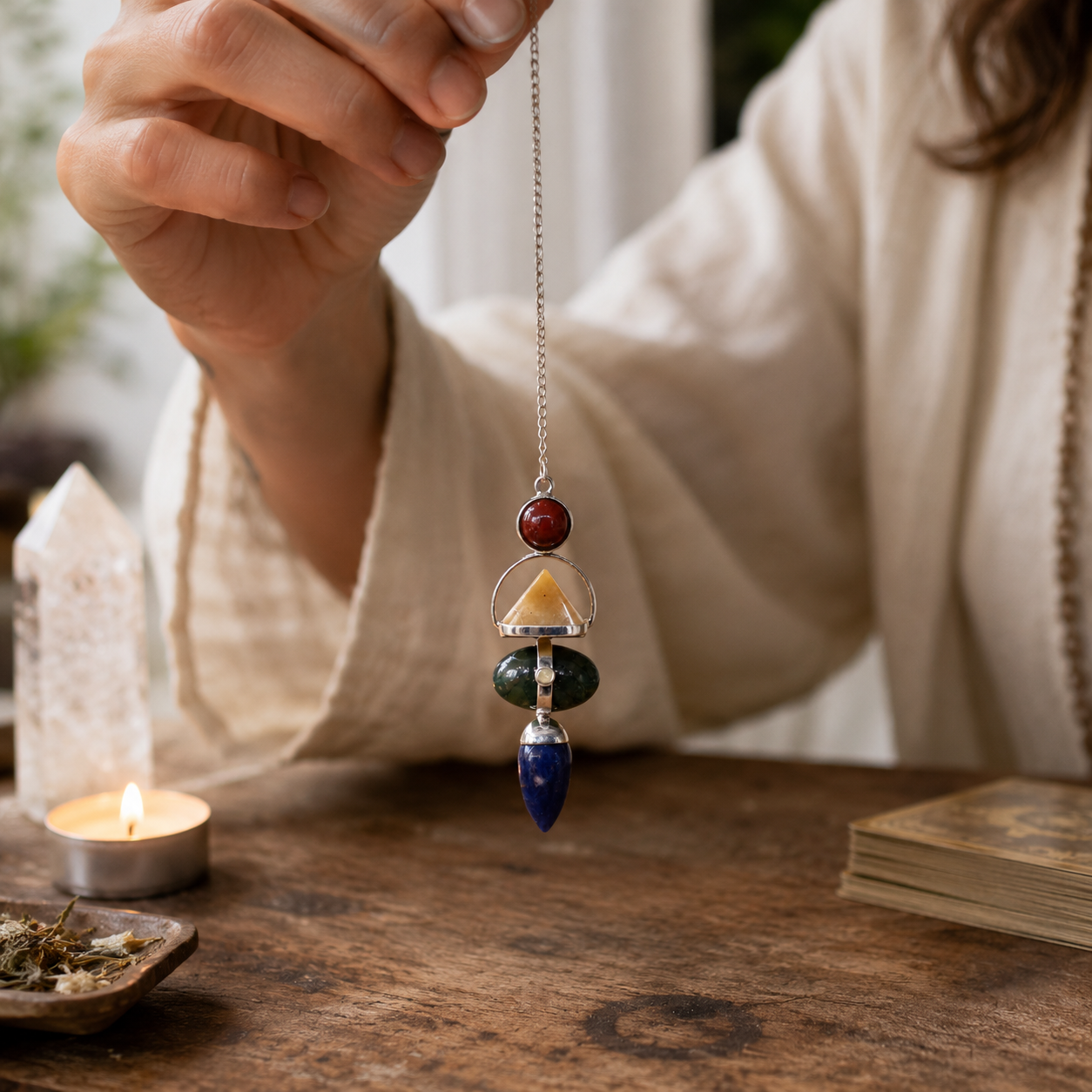 Four Elements Gemstone Pendulum - Red Jasper, Yellow Aventurine, Moss Agate, Sodalite & Moonstone
