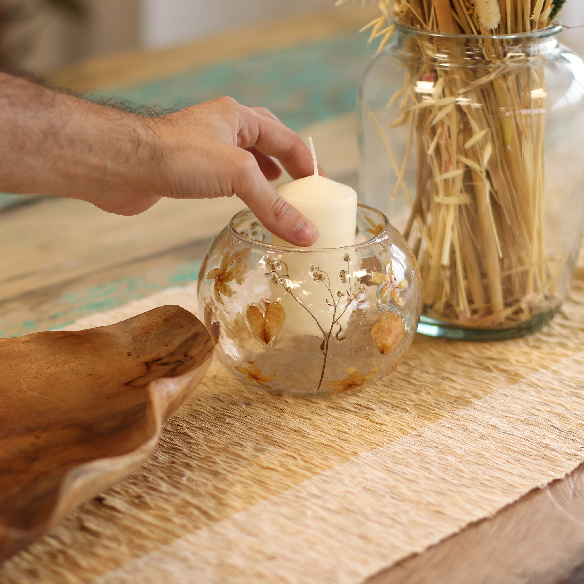 Stakleni Držač za Svijeću s Prirodnim Cvijećem – Zdjela – Ruža (12x13cm)