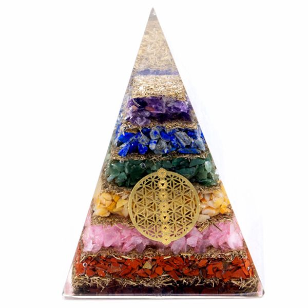 Pirâmide de Orgonite Lrg 70 mm - Pedras dos Chakras - Flor da Vida dos Sete Chakras - 70 mm