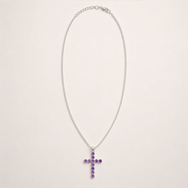 Colgante devocional indio - bañado en plata (cadena de 45 cm) - Crucifijo de amatista
