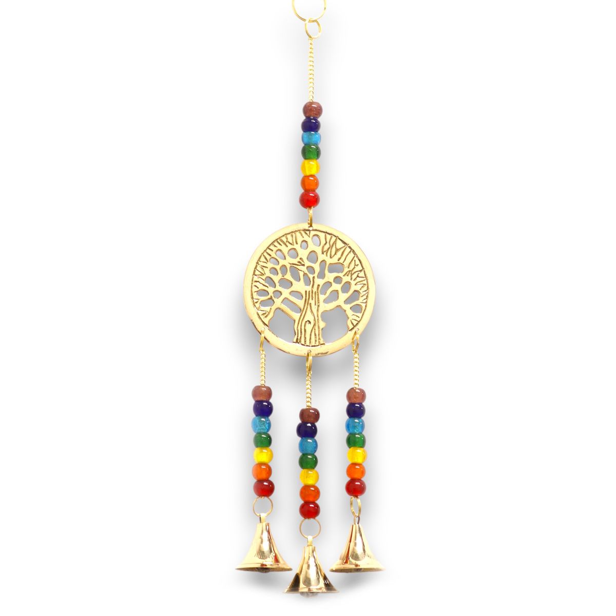 Sinos Indianos - Árvore da Vida em Latão com Contas de Chakra - 3 Sinos - 6,5x31 cm
