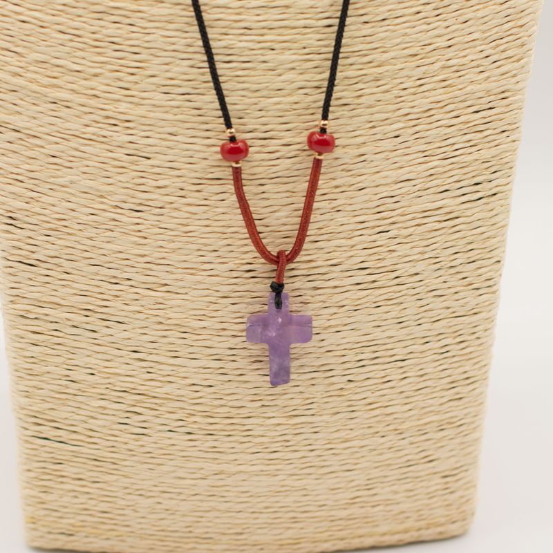 Cord Necklace Gemstone Pendants - Amethyst Cross