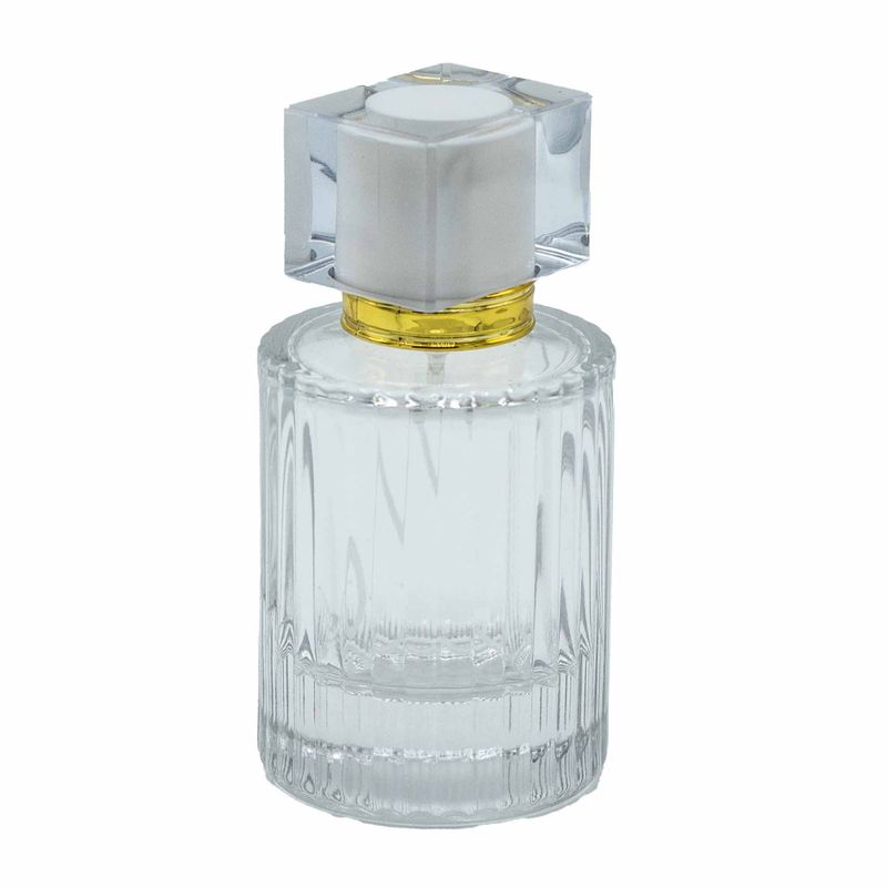 Blanc plat - Flacon rond nervuré de 50 ml, vaporisateur et bouchon