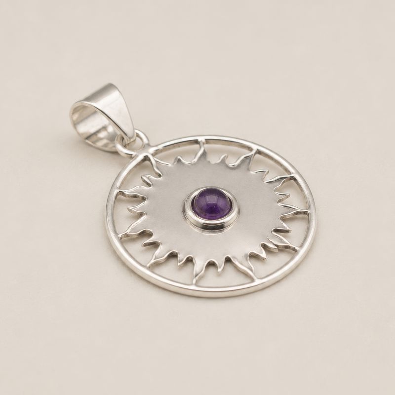 Indian Devotional Pendant - Silver Plated (45cm Cord)- Sun Worship Amethyst