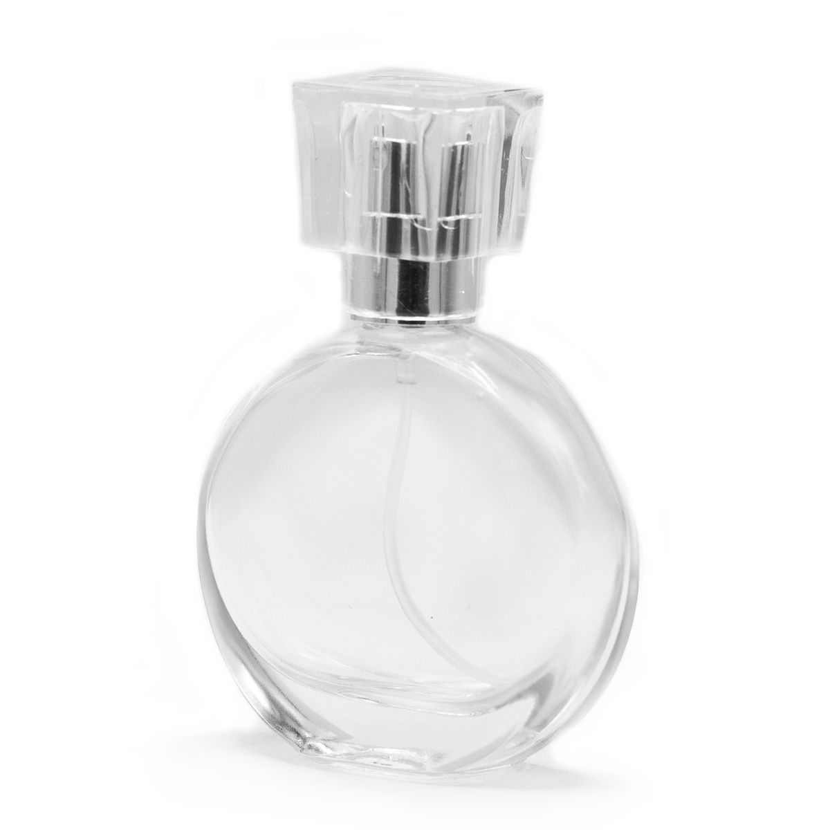 Frasco oval de 50 ml, pulverizador prateado e tampa de vidro
