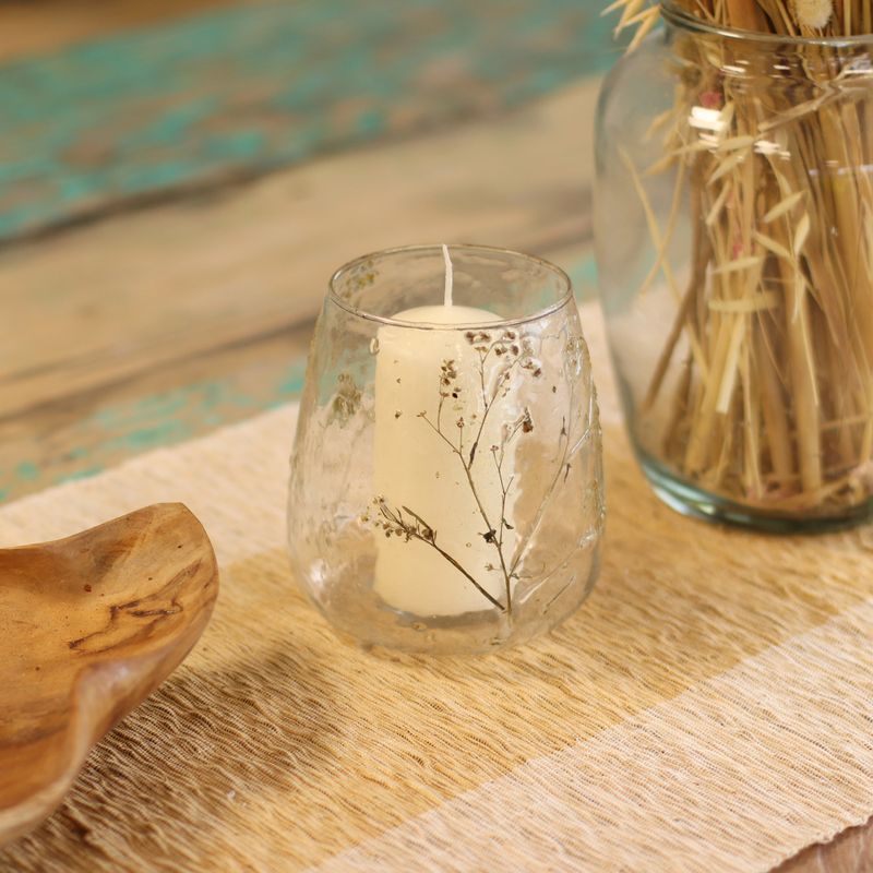 Naturligt Blommigt Glas - Vasformad Ljuslykta - Prästkrage (12x11cm)