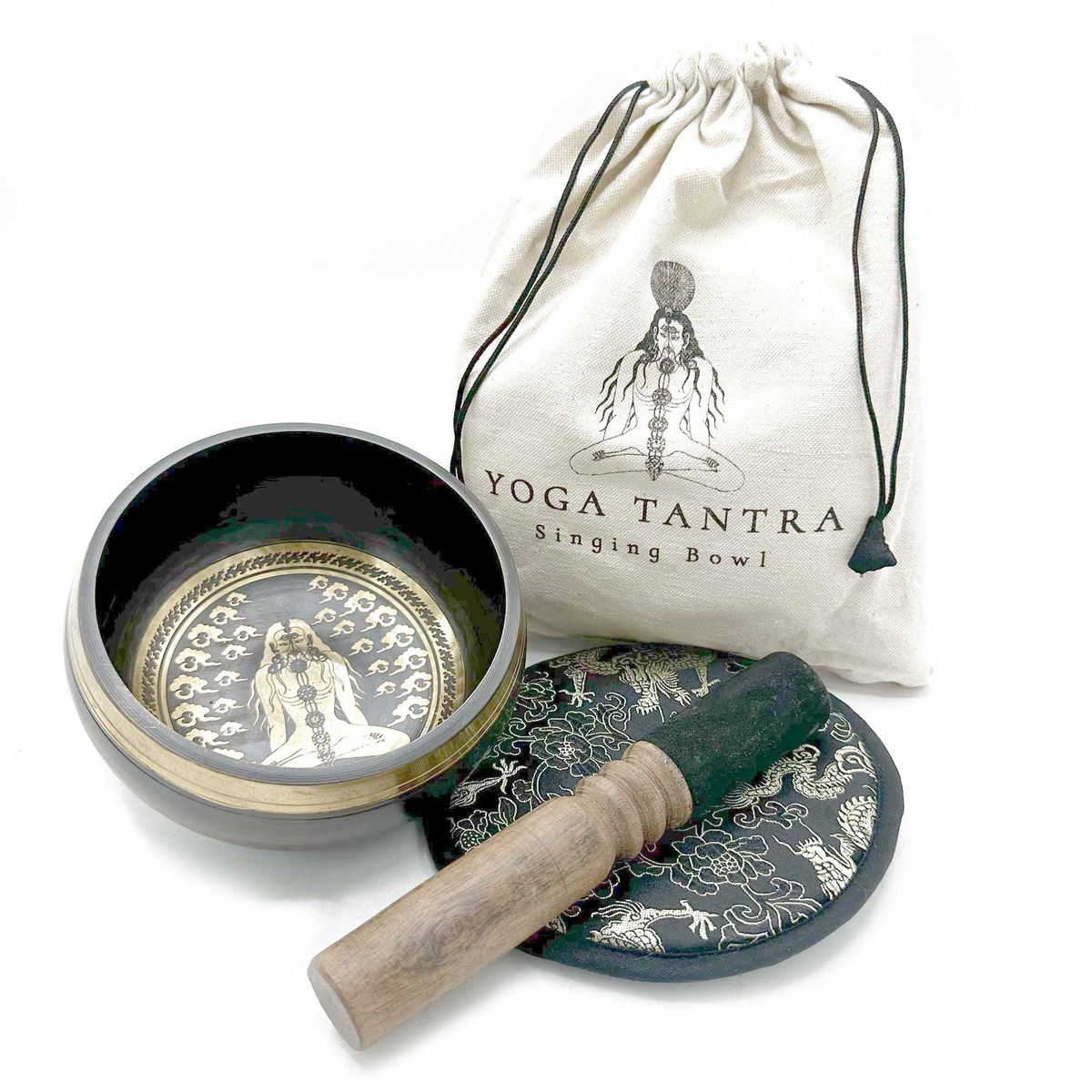 Conjunto de oferta de taça tibetana martelada e gravada à mão - 14 cm - Yogi