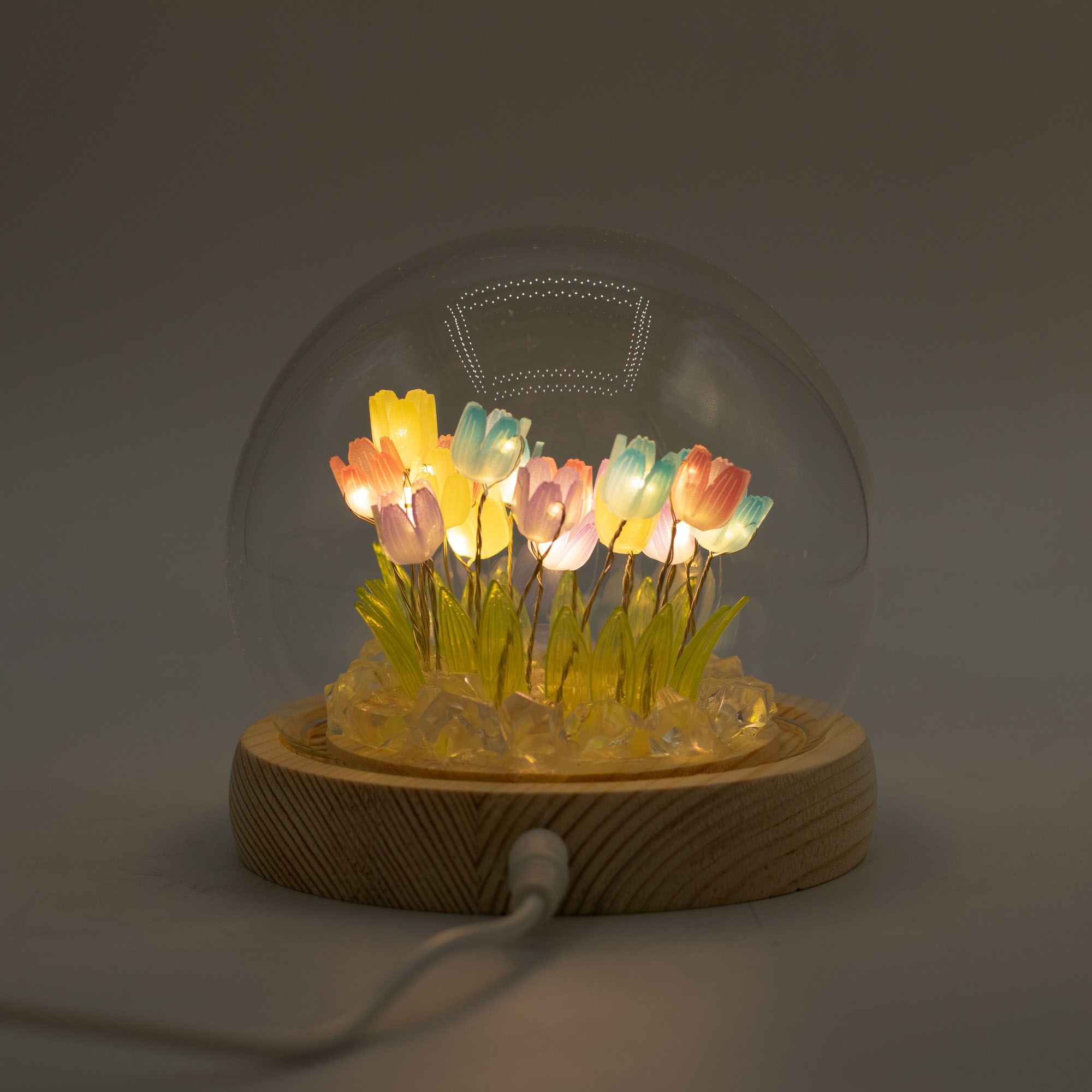 Lysande Glaskupa med Blommor - 20 Blandade Tulpaner - LED USB