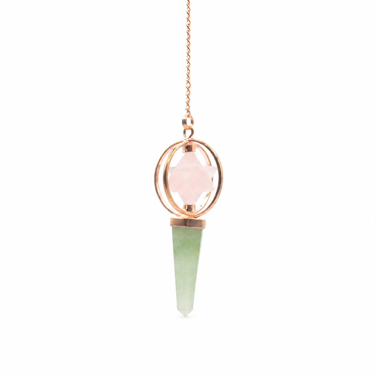 Heart Compass- Two Piece Spinning Merkaba Star in Copper Pendulum -  Rose Quartz & Green Aventurine