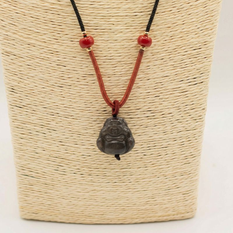 Cord Necklace Gemstone Pendants - Silver Obsidian Buddha