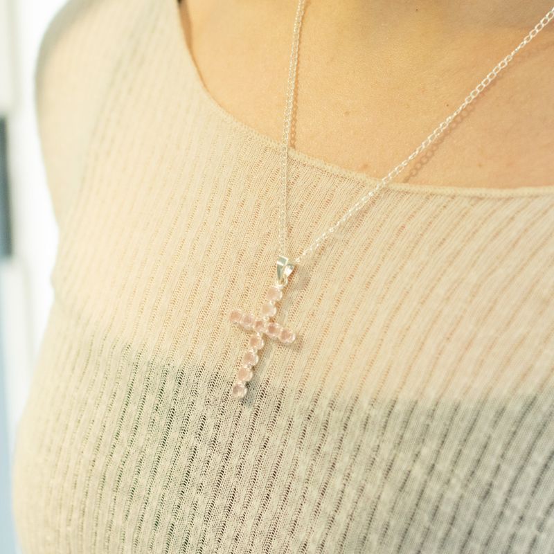 Indian Devotional Pendant - Silver Plated (45cm Chain)- Rose Quartz Crucifix