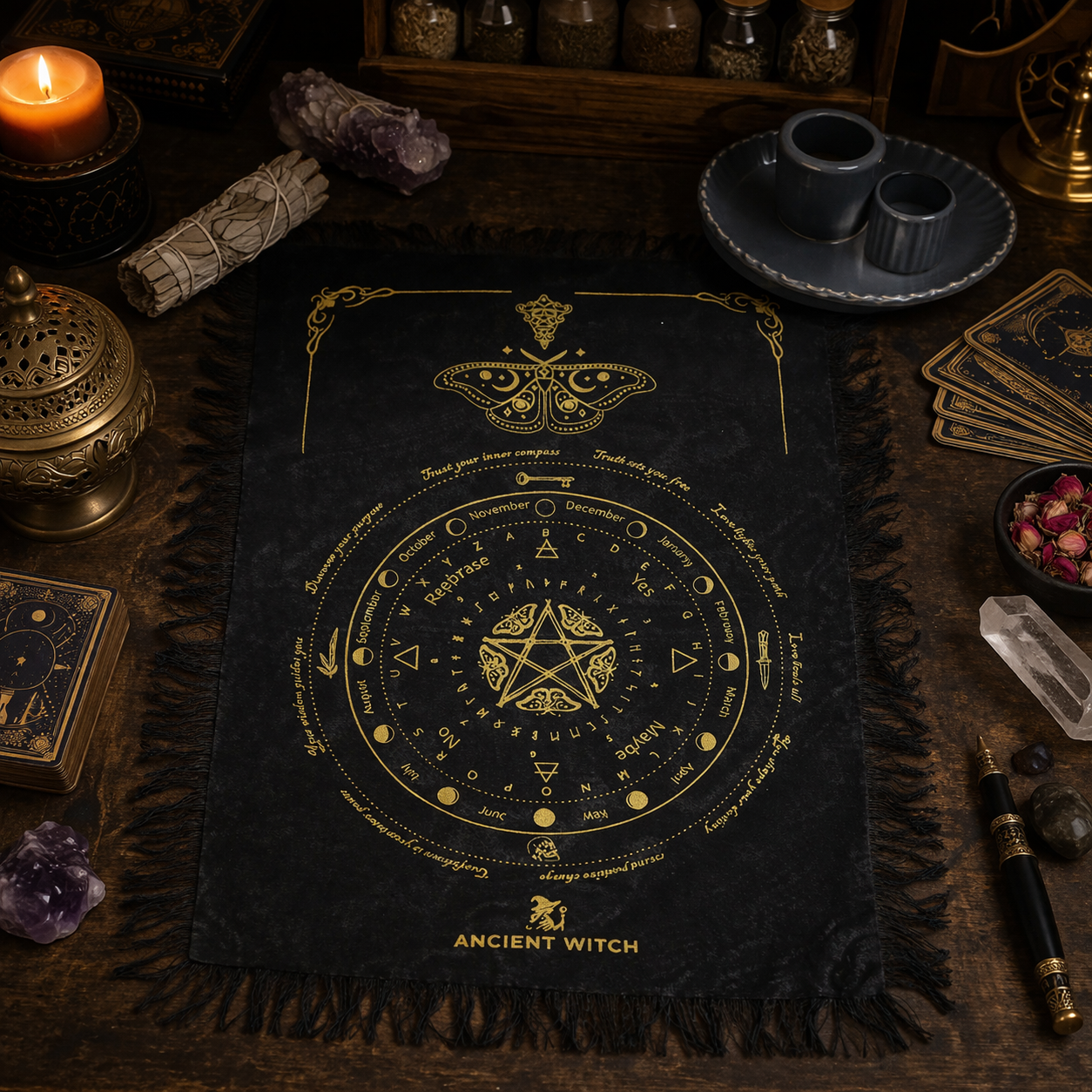 Ancient Witch Pendulum Divination Cloth - Mystic Moth - Black & Gold
