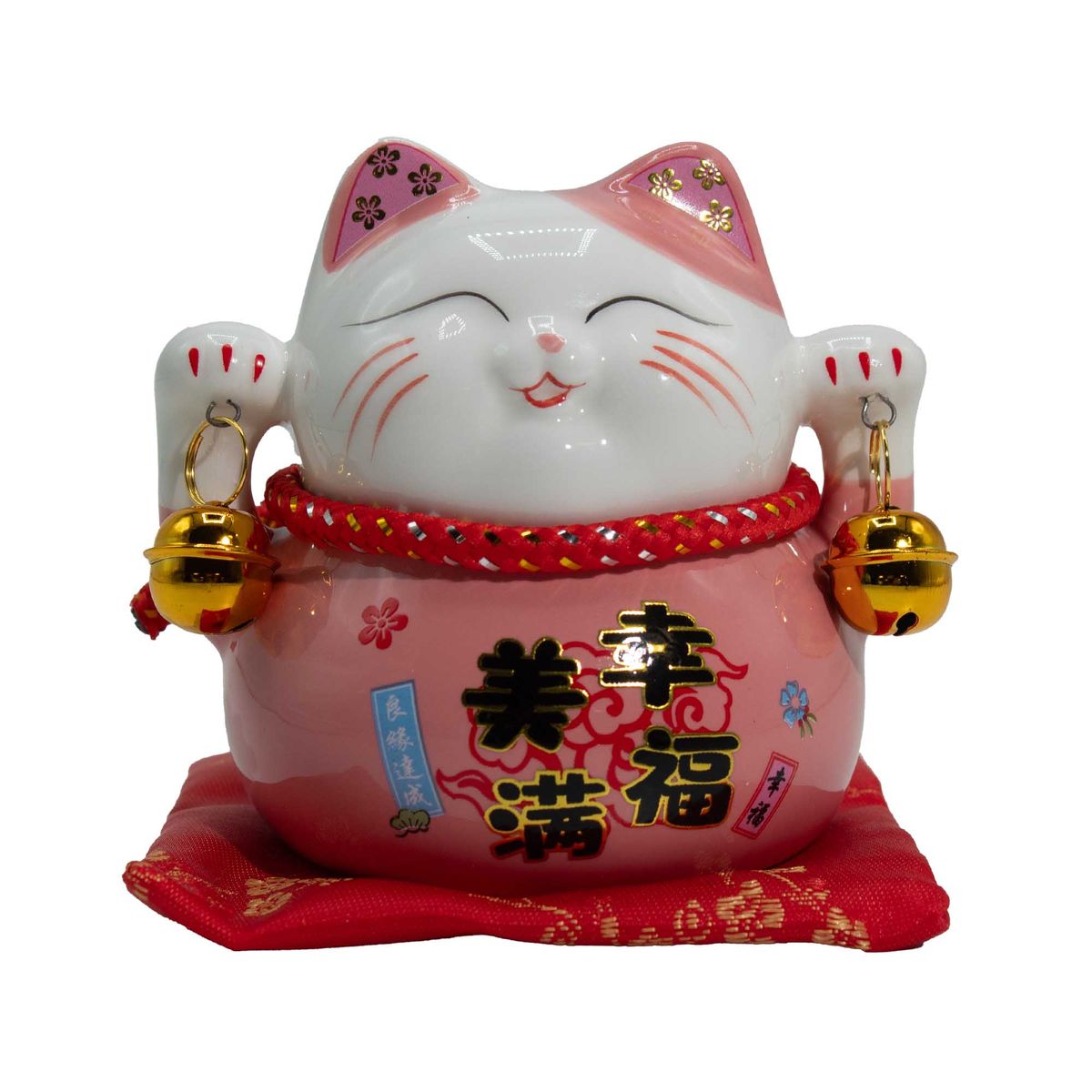 Meia-lata de cerâmica em forma de gato da sorte - rosa sobre almofada