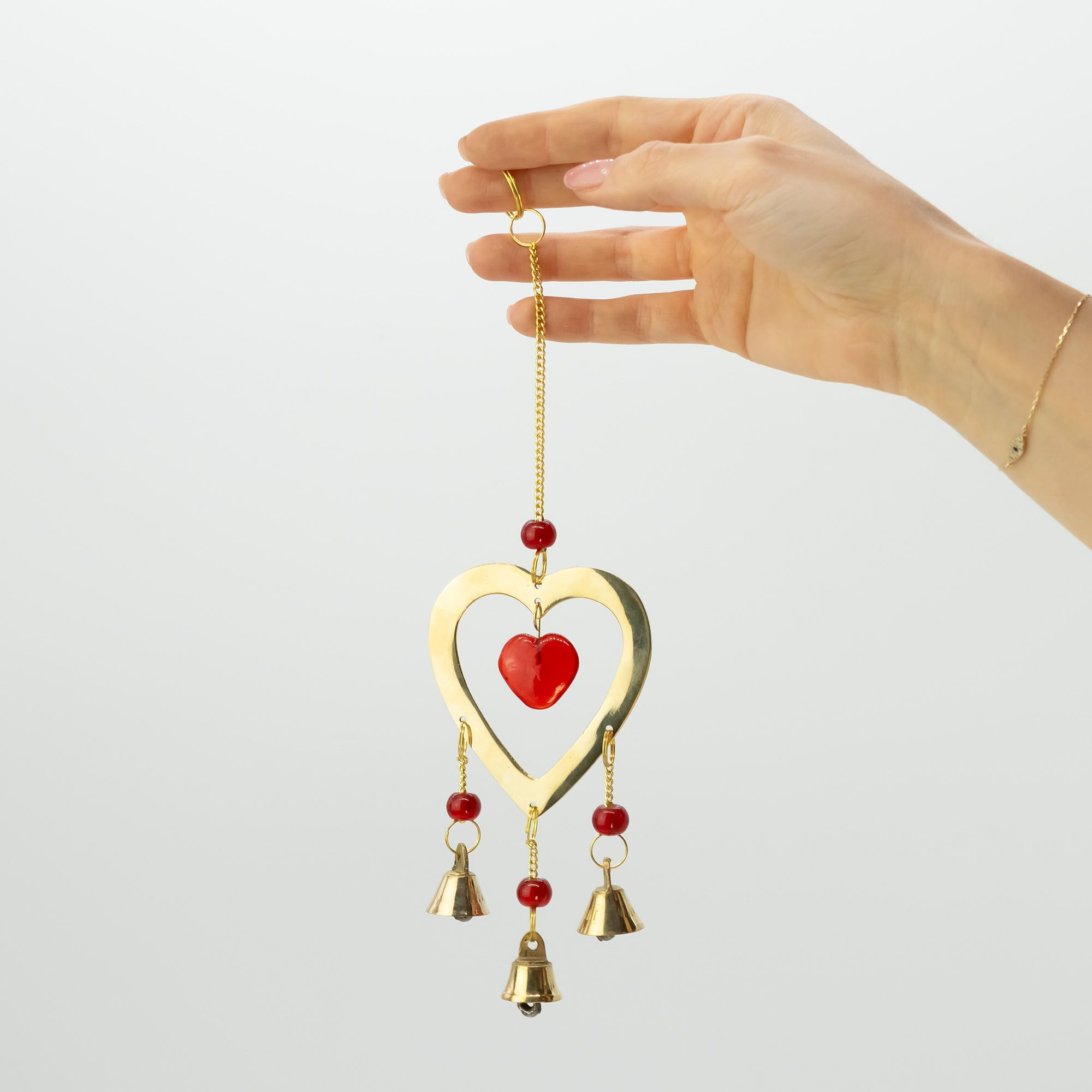 Indian Chimes - Brass With Ruby Glass Heart Beads - 3 Bells - 6.5x24cm