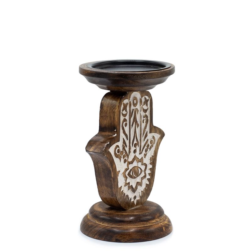 Support de bougie en bois de mangue - Hamsa - Petit 18x11cm