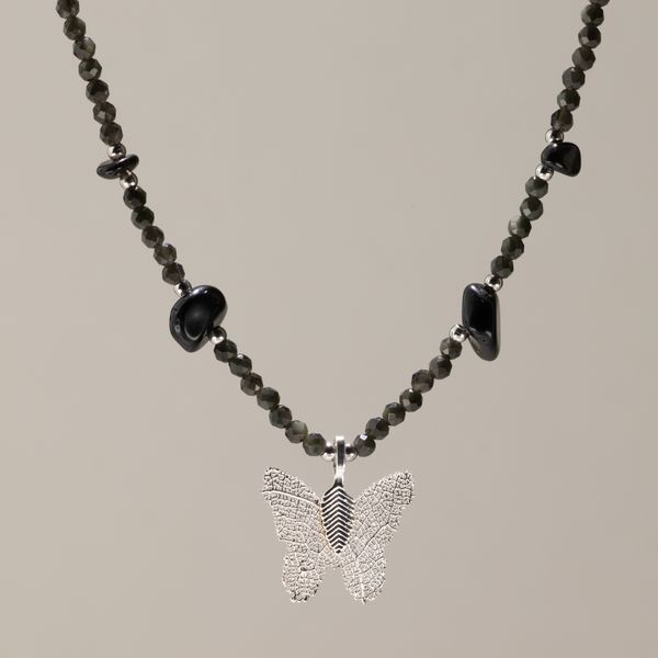 Nymph Black Obsidian Gemstone Necklace with Real Leaf Butterfly Pendant