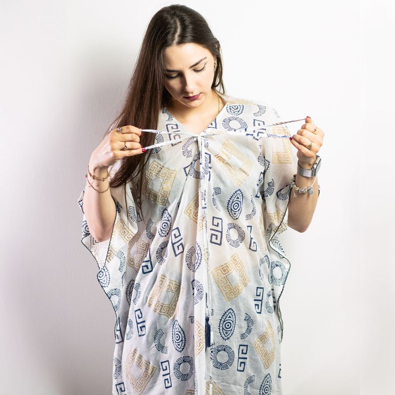 Nomad Sari On the Med Kolekcija - Kaftan - Zlatna & Plava s Grčkim Motivima - Ručno Oslikano